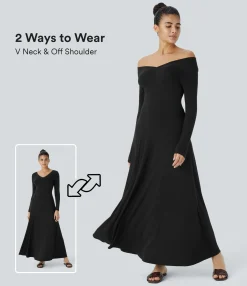 Dresses|Maxi & Midi Dresses<HALARA V Neck Long Sleeve Draped Maxi Casual Dress