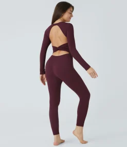 Jumpsuits<HALARA V Neck Long Sleeve G-Hook Skinny Waffle Yoga Jumpsuit
