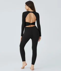 Jumpsuits<HALARA V Neck Long Sleeve G-Hook Skinny Waffle Yoga Jumpsuit