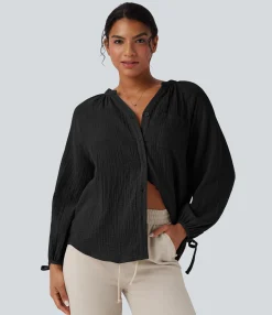 Casual Tops|Shirts Blouses<HALARA V Neck Long Sleeve Lace Up Casual Cotton Shirt with Pocket