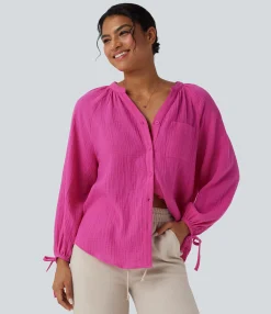Casual Tops|Shirts Blouses<HALARA V Neck Long Sleeve Lace Up Casual Cotton Shirt with Pocket