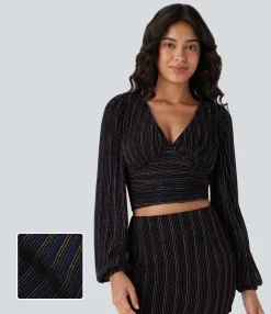 Casual Tops<HALARA V Neck Long Sleeve Metallic Stripe Cropped Casual Top