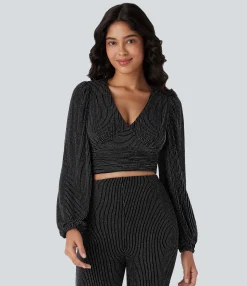 Casual Tops<HALARA V Neck Long Sleeve Metallic Stripe Cropped Casual Top