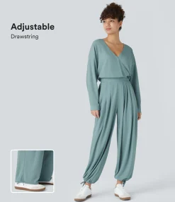Jumpsuits<HALARA V Neck Long Sleeve Pleated Pocket Adjustable Drawstring Hem Waffle Casual Jumpsuit