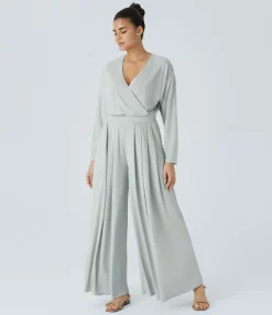 Jumpsuits<HALARA V Neck Long Sleeve Pocket Wide Leg Flowy Waffle Casual Jumpsuit