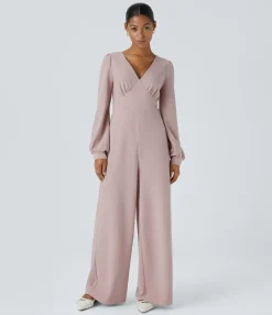 Jumpsuits<HALARA V Neck Long Sleeve Pocket Wide Leg Casual Jumpsuit