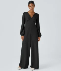 Jumpsuits<HALARA V Neck Long Sleeve Pocket Wide Leg Casual Jumpsuit