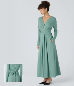 Dresses|Maxi & Midi Dresses<HALARA V Neck Long Sleeve Pocket Tie Back Casual Dress
