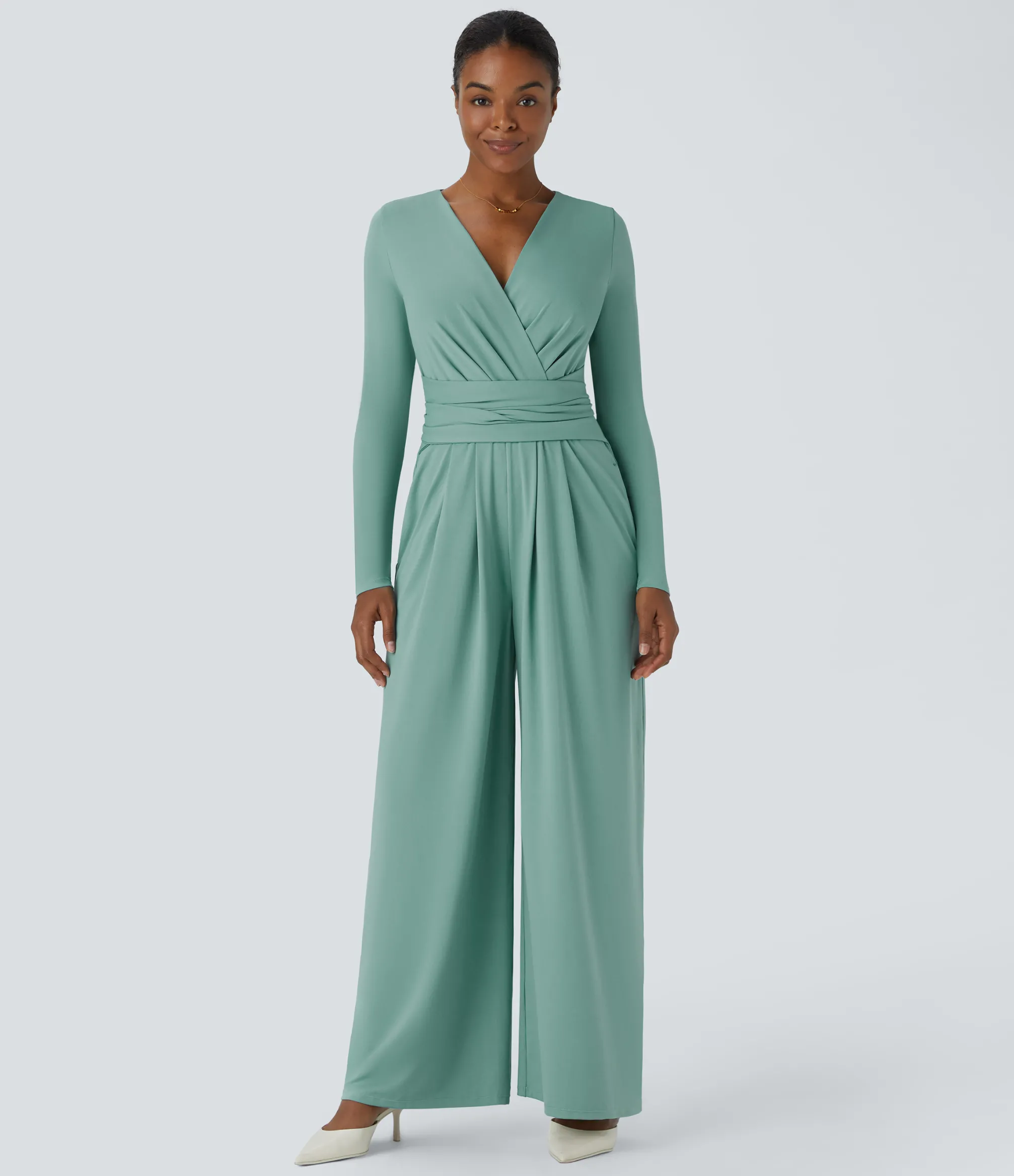 Jumpsuits<HALARA V Neck Long Sleeve Pocket Tie Back Casual Jumpsuit