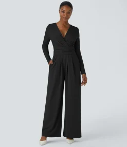 Jumpsuits<HALARA V Neck Long Sleeve Pocket Tie Back Casual Jumpsuit