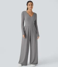 Jumpsuits<HALARA V Neck Long Sleeve Pocket Wide Leg Casual Jumpsuit