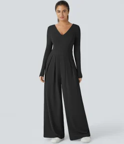 Jumpsuits<HALARA V Neck Long Sleeve Pocket Wide Leg Casual Jumpsuit