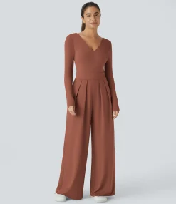 Jumpsuits<HALARA V Neck Long Sleeve Pocket Wide Leg Casual Jumpsuit