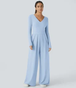 Jumpsuits<HALARA V Neck Long Sleeve Pocket Wide Leg Casual Jumpsuit