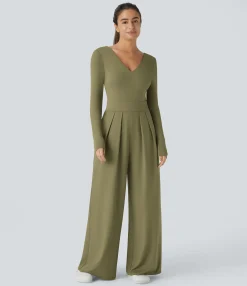 Jumpsuits<HALARA V Neck Long Sleeve Pocket Wide Leg Casual Jumpsuit