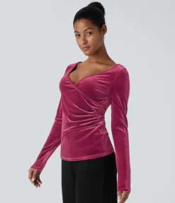 Casual Tops<HALARA V Neck Long Sleeve Ruched Velvet Casual Top