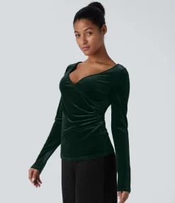 Casual Tops<HALARA V Neck Long Sleeve Ruched Velvet Casual Top