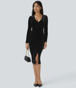 Maxi & Midi Dresses|Dresses<HALARA V Neck Long Sleeve Ruched Velvet Midi Casual Dress