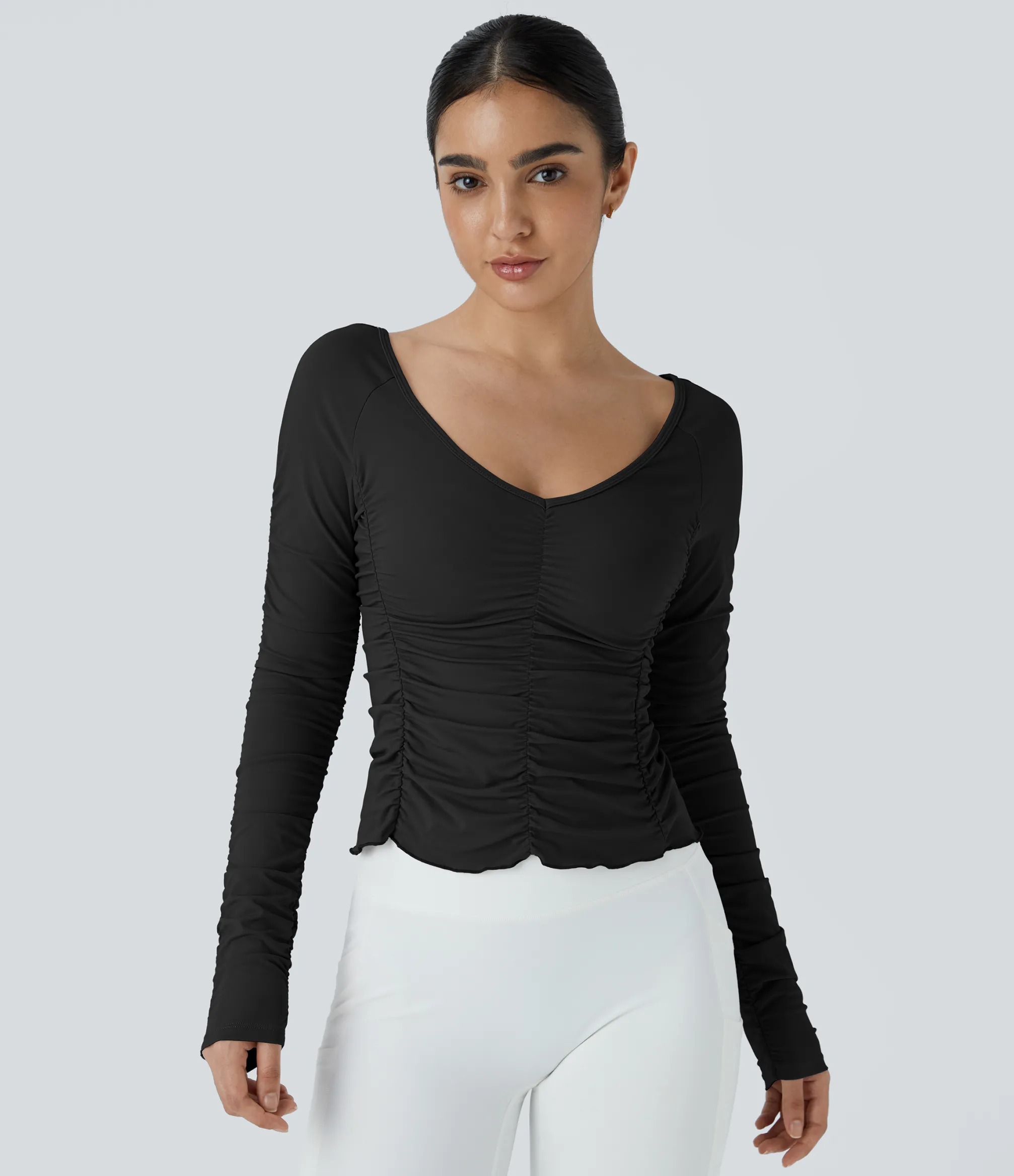 Yoga Tops|Sports Tops<HALARA V Neck Long Sleeve Ruched Yoga Sports Top