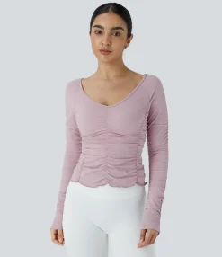 Yoga Tops|Sports Tops<HALARA V Neck Long Sleeve Ruched Yoga Sports Top