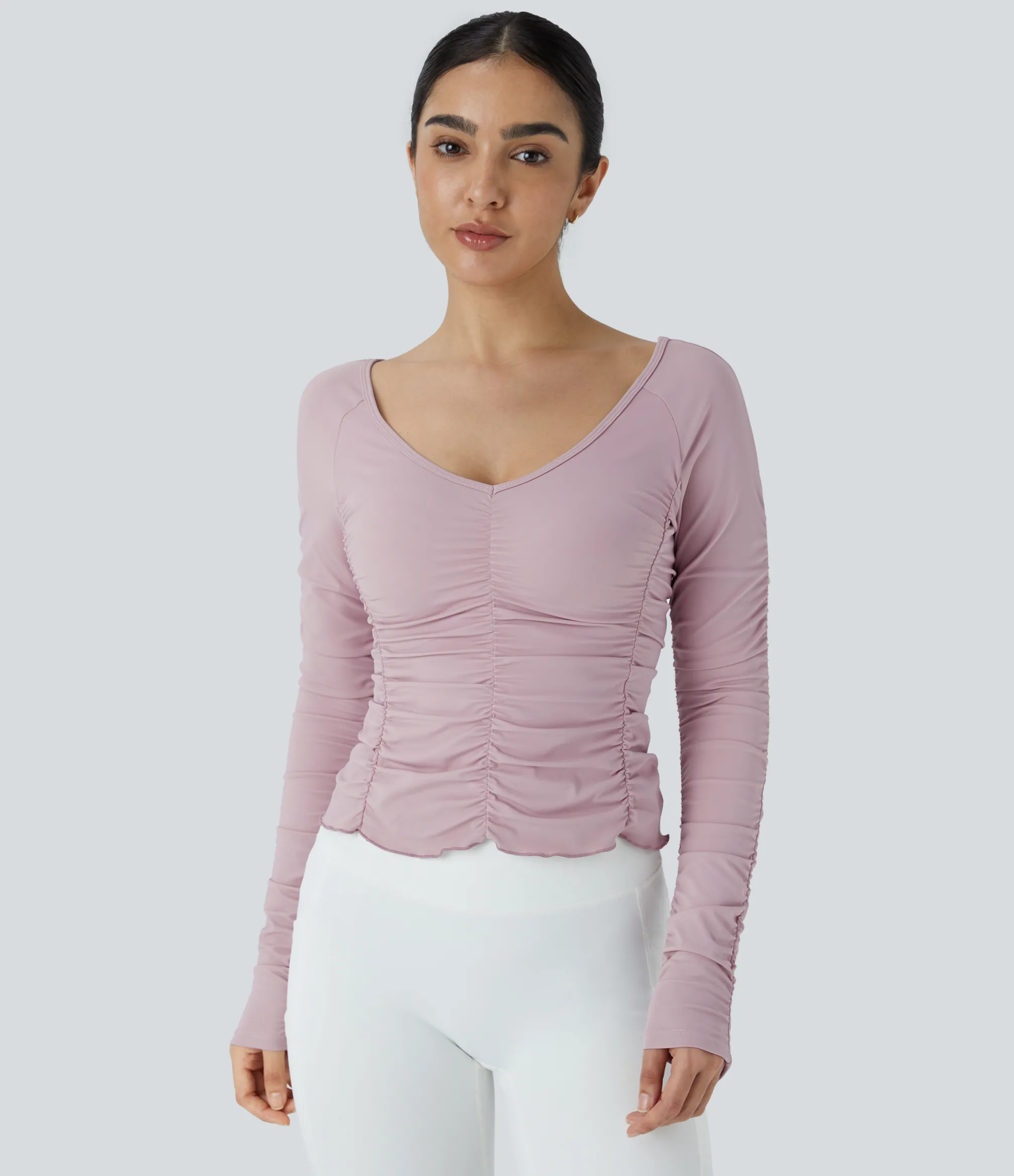 Yoga Tops|Sports Tops<HALARA V Neck Long Sleeve Ruched Yoga Sports Top