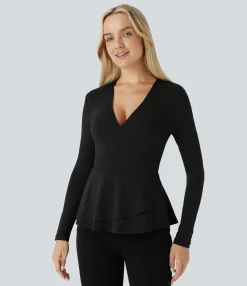 Casual Tops<HALARA V Neck Long Sleeve Ruffle Hem Casual Top
