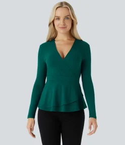 Casual Tops<HALARA V Neck Long Sleeve Ruffle Hem Casual Top