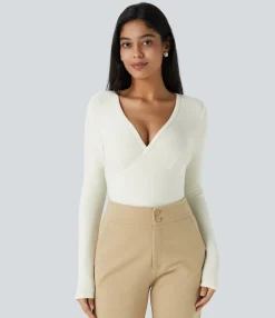 Work Tops<HALARA V Neck Long Sleeve Thermal Work Top