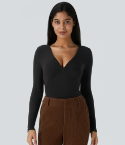 Work Tops<HALARA V Neck Long Sleeve Thermal Work Top