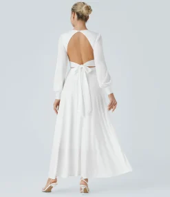 Dresses|Maxi & Midi Dresses<HALARA V Neck Long Sleeve Tie Back Bishop Sleeve Maxi Dress