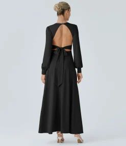Dresses|Maxi & Midi Dresses<HALARA V Neck Long Sleeve Tie Back Bishop Sleeve Maxi Dress