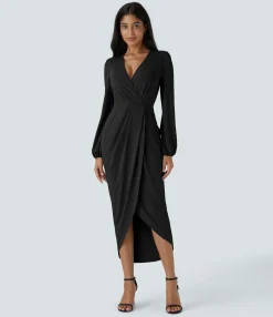 Party Dresses|Maxi & Midi Dresses<HALARA V Neck Long Sleeve Tulip Hem Midi Dress