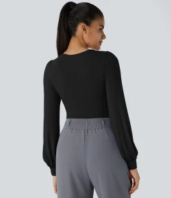 Work Tops|Bodysuits<HALARA V Neck Long Sleeve Work Bodysuit