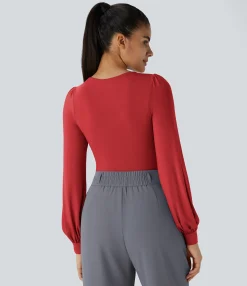 Work Tops|Bodysuits<HALARA V Neck Long Sleeve Work Bodysuit