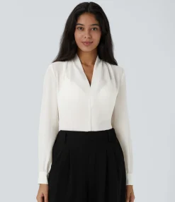 Work Tops|Shirts Blouses<HALARA V Neck Long Sleeve Work Blouse