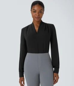 Work Tops|Shirts Blouses<HALARA V Neck Long Sleeve Work Blouse