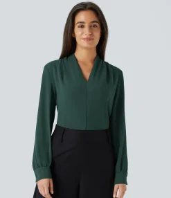 Work Tops|Shirts Blouses<HALARA V Neck Long Sleeve Work Blouse