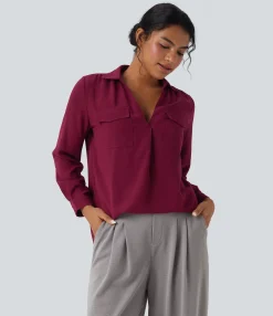 Shirts Blouses|Shirts & Blouses<HALARA V Neck Long Sleeve Work Shirt with Pockets