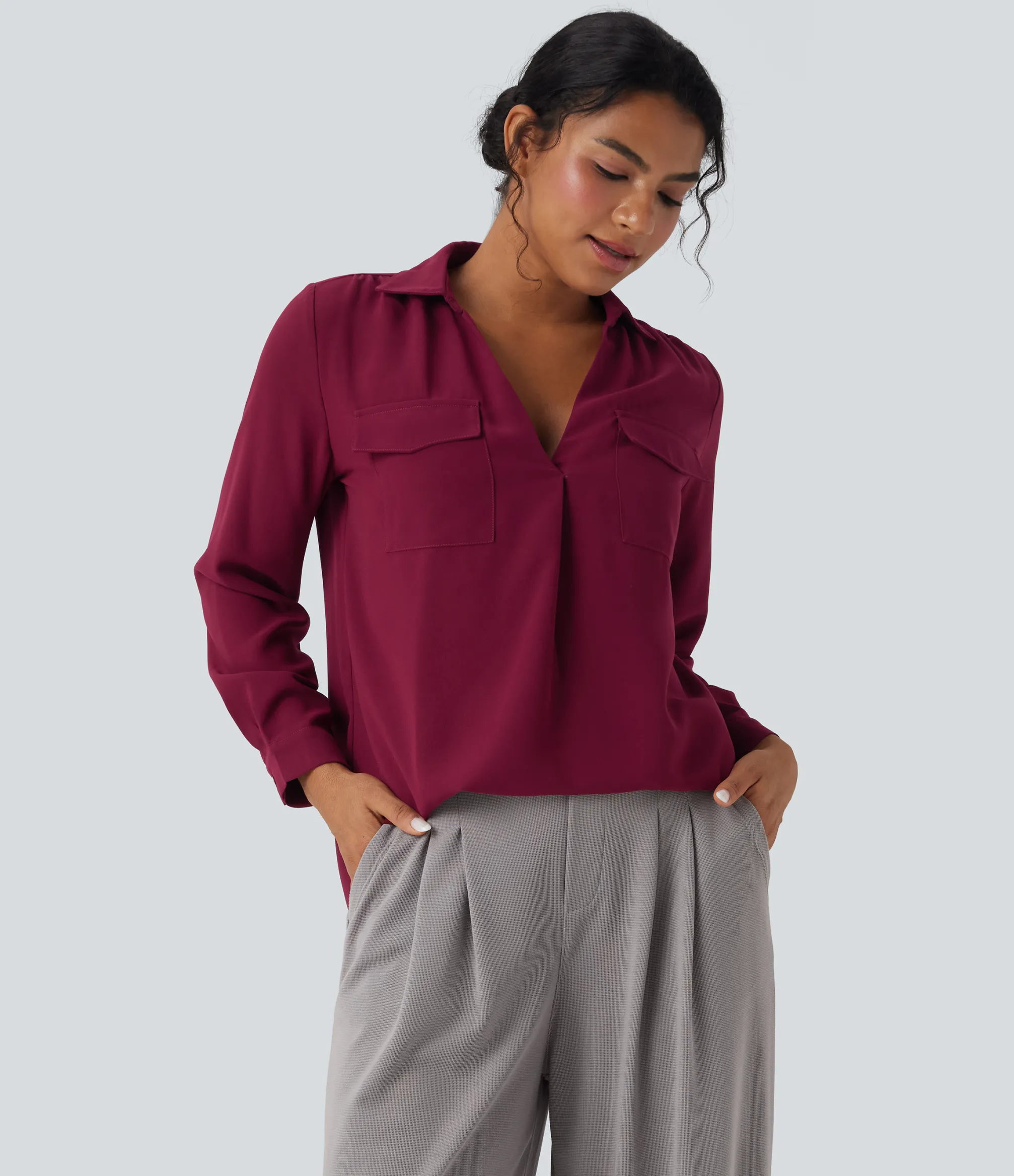 Shirts Blouses|Shirts & Blouses<HALARA V Neck Long Sleeve Work Shirt with Pockets