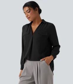 Shirts Blouses|Shirts & Blouses<HALARA V Neck Long Sleeve Work Shirt with Pockets