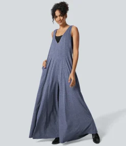 Jumpsuits<HALARA V Neck Pocket Draped Wide Leg Flowy Casual Jumpsuit