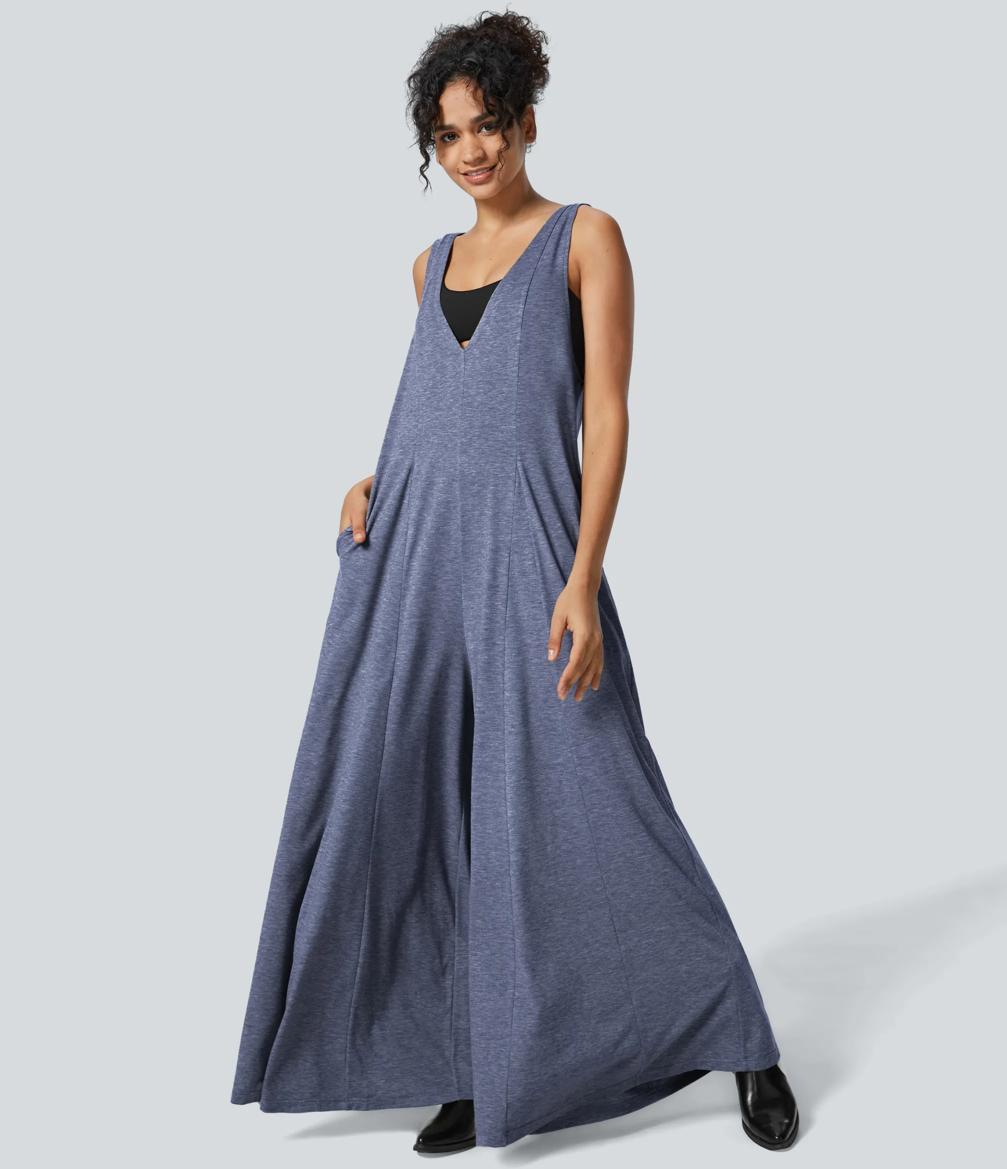 Jumpsuits<HALARA V Neck Pocket Draped Wide Leg Flowy Casual Jumpsuit