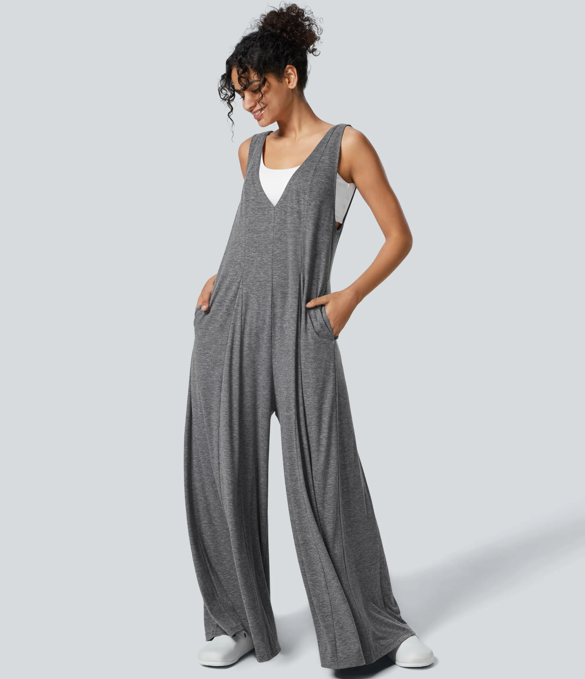 Jumpsuits<HALARA V Neck Pocket Draped Wide Leg Flowy Casual Jumpsuit