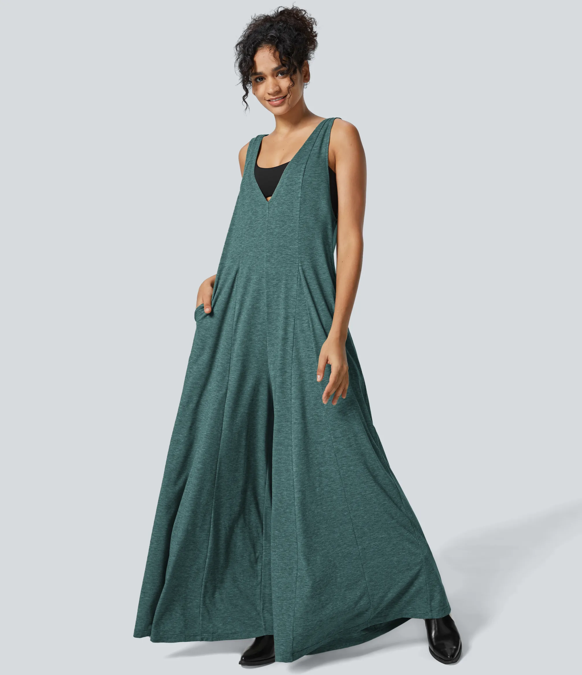 Jumpsuits<HALARA V Neck Pocket Draped Wide Leg Flowy Casual Jumpsuit