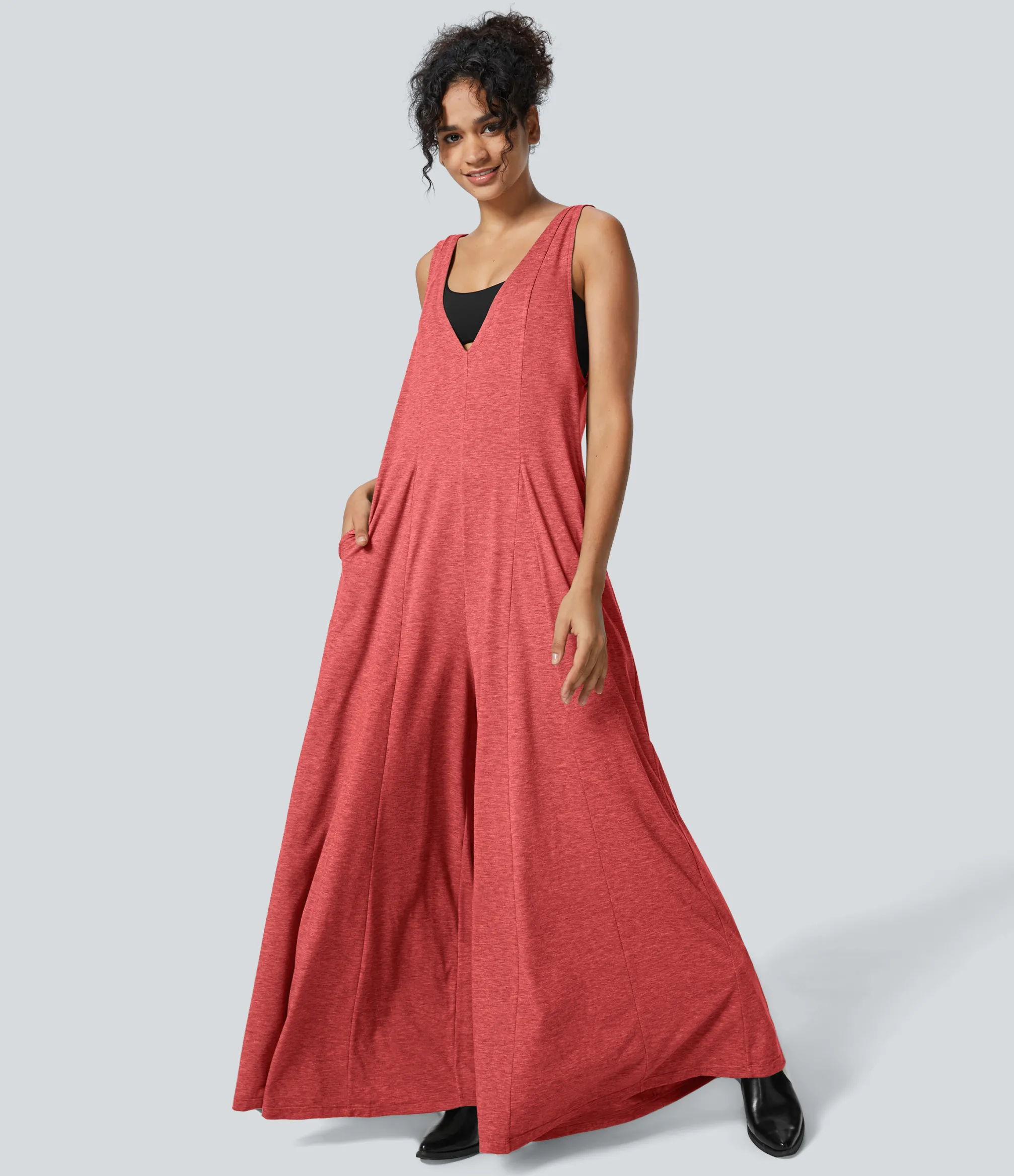 Jumpsuits<HALARA V Neck Pocket Draped Wide Leg Flowy Casual Jumpsuit