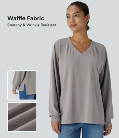Casual Tops<HALARA V Neck Pocket Long Sleeve Waffle Casual Top