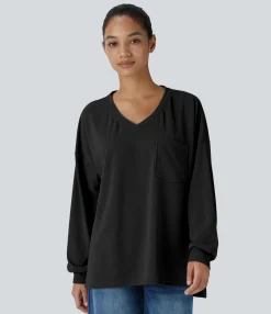 Casual Tops<HALARA V Neck Pocket Long Sleeve Waffle Casual Top