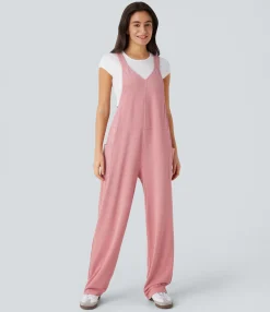 Jumpsuits<HALARA V Neck Pocket Waffle Casual Overalls
