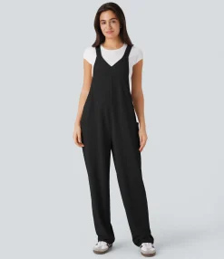 Jumpsuits<HALARA V Neck Pocket Waffle Casual Overalls