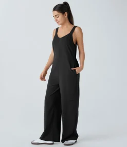 Jumpsuits<HALARA V Neck Pockets Waffle Casual Cargo Jumpsuit